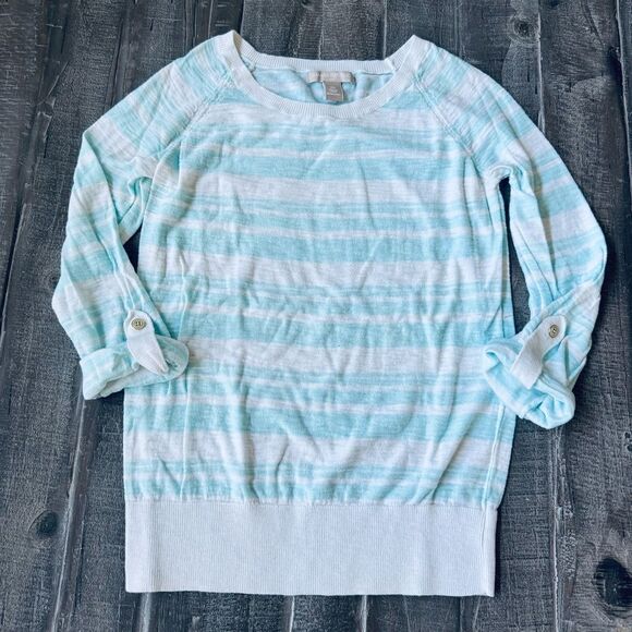 Banana Republic White Blue Stripe Light Knit Sweater Top XS - Picture 1 of 4